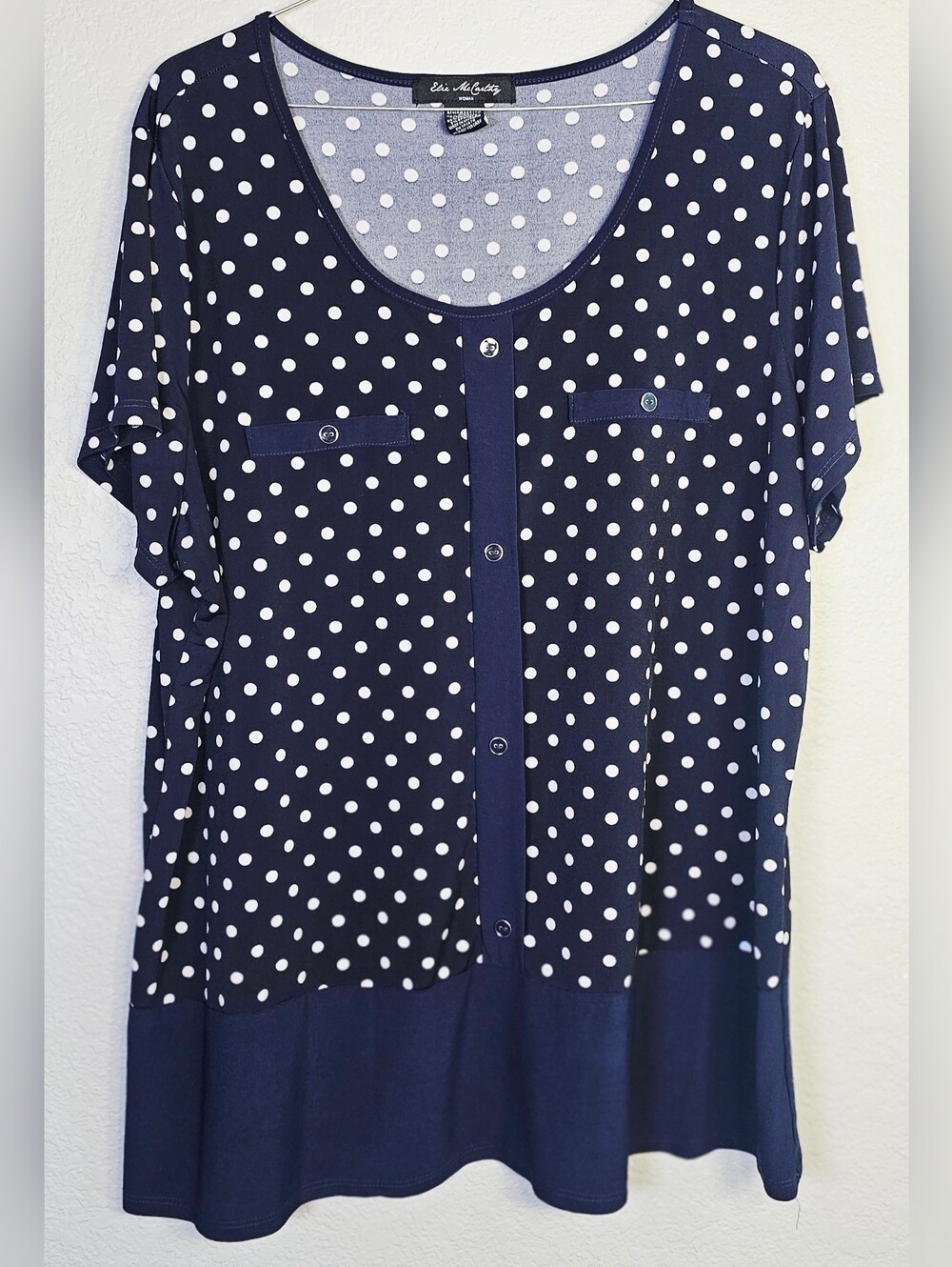 Elie McCarthy Women's 2X Navy White Polka Dot Tunic Top Button Front Stretch